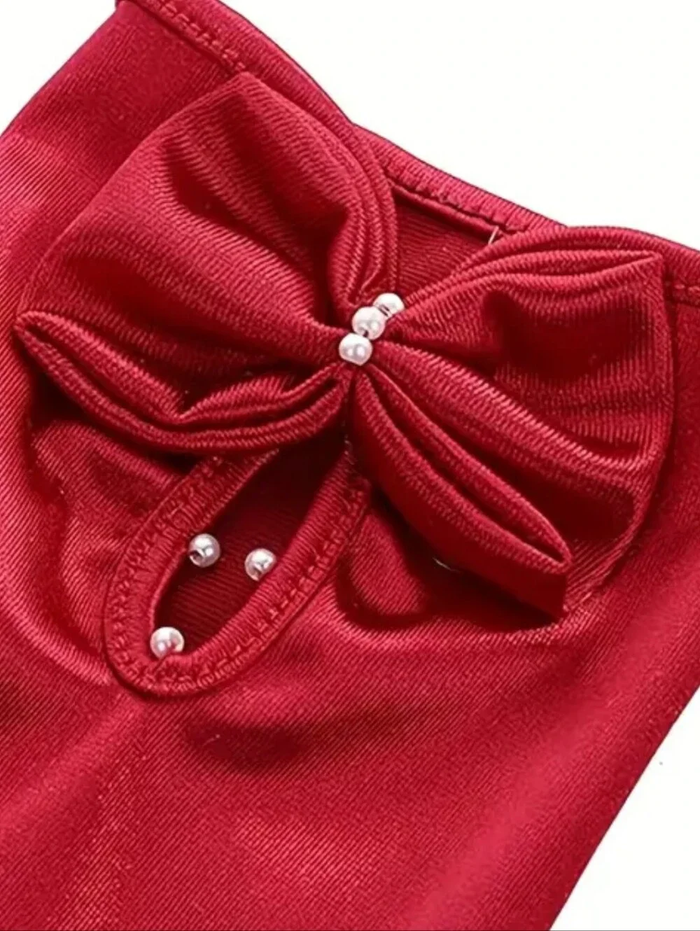 Elegant Red Satin Short Wrist Length Evening Gloves W/Bow & Faux Pearl Detail